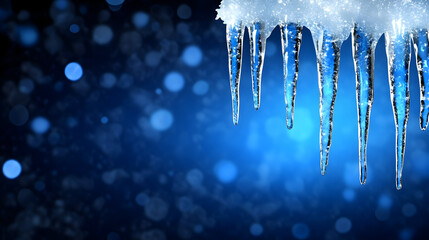 Blue Snowy Background with Hanging Icicles – Winter Scene with Depth in Daylight