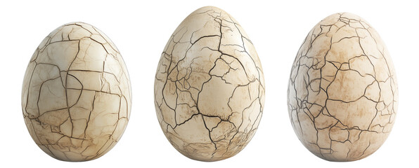 Large cracked dinosaur chicken egg with textured surface and detailed fractures, isolated on white transparent background. Concept of prehistoric life and hatching