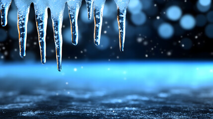 Blue Snowy Background with Hanging Icicles – Winter Scene with Depth in Daylight