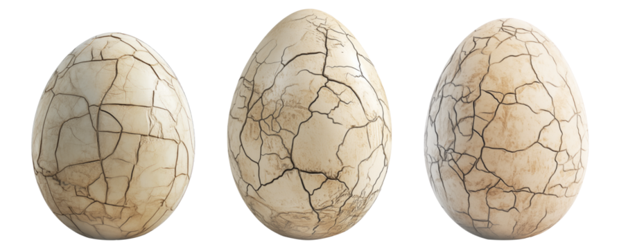 Large cracked dinosaur chicken egg with textured surface and detailed fractures, isolated on white transparent background. Concept of prehistoric life and hatching