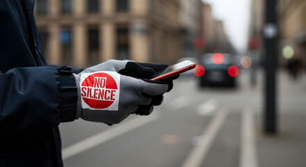 Close-up of gloved hands holding smartphone adorned with bold red “NO SILENCE” sticker against urban bokeh