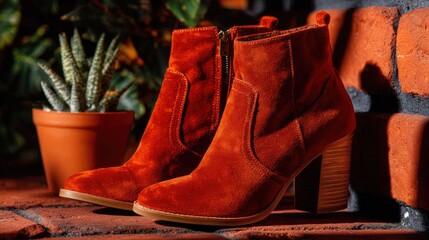 Stylish suede ankle boots with chunky heels on a brick surface, accompanied by a potted succulent, showcasing autumn fashion.