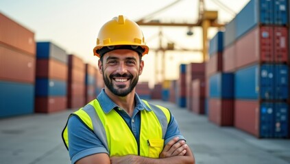 Industrial workers in a warehouse wearing safety helmets are diligently working in the bustling business site. Seems happy, involved in logistic work. Photo shows successful migrant worker.