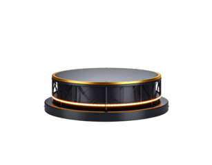 Modern black circular podium with a gold rim and glowing orange LED light strip.