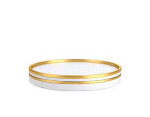 Minimalist white and gold round pedestal with two metallic bands for product presentation.