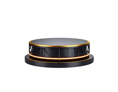 Modern black circular podium with a gold rim and glowing orange LED light strip.