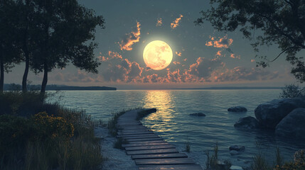 A boardwalk leads to a serene lake under a full moon with clouds and trees at dusk or dawn time view