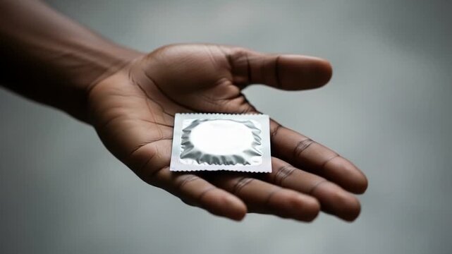 Cartoon dark hand holding unopened condom. Suitable for sexual health, contraception, safe sex, education, and relationships communication resources.