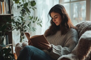 Reading moment with stylish woman in comfy clothes, sitting in modern interior