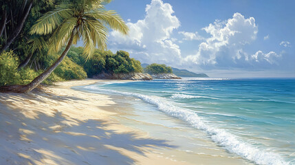 A tranquil beach scene with palm trees, gentle waves, and a serene cloudy sky on a sunny day view