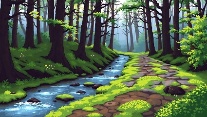 8-bit pixel art of a peaceful Japanese creek flowing beside a mossy path in the rural forest
