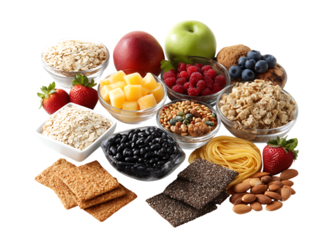 A diverse array of high-fiber foods, including whole grains like brown rice and black beans, fresh fruits isolated on a transparent background