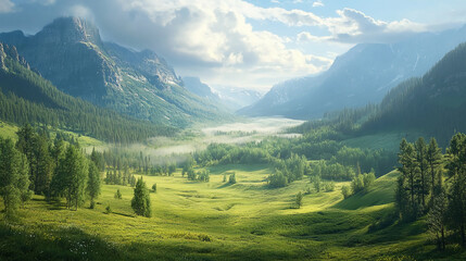 A picturesque valley with fog nestled between mountains and lush green trees under a cloudy sky view