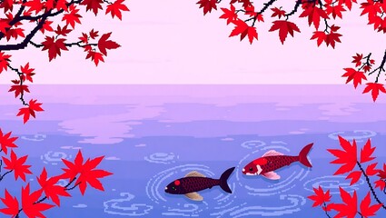 8-bit pixel art of a peaceful koi pond in a Japanese garden, water reflecting soft pink and purple skies, dark maroon koi swimming gently, surrounded by red maple leaves