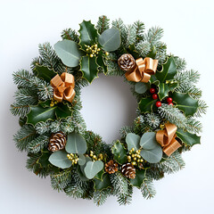 Elegant Christmas wreath adorned with pine, holly, eucalyptus, pinecones, and gold ribbons.