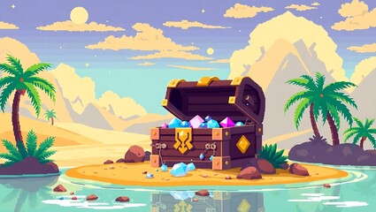 8-bit pixel art of a pirate treasure chest in a desert oasis surrounded by palm trees and mirages, jewels gleaming