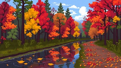 8-bit pixel art of a quiet autumn river trail, pixel leaves drifting downstream, colorful tree reflections, forest stillness, nostalgic game feel