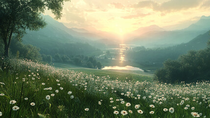 A serene landscape with a field of daisies, mountains, and a river under a bright, hazy sky at sunrise