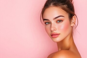 Fototapeta premium Radiant skin concept, woman on pastel background posing softly