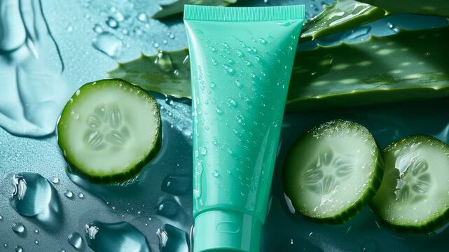 A green tube of lotion sits on a table next to cucumber slices. The cucumber slices are surrounded by water droplets, giving the impression of a spa setting