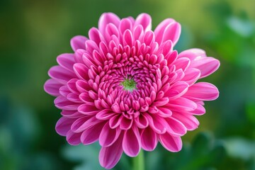 Radiant pink chrysanthemum flower in bloom, close-up shot with green background