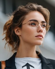 A young woman with glasses looking confidently into the distance.
