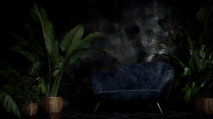 Blue Sofa with Wicker Carpet – Modern Interior Design and Cozy Living Room Decor