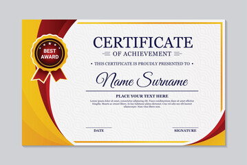 Yellow and red modern wave design achievement certificate template