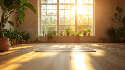 Yoga mat on wooden floor with sunlight streaming through window and plants around the room at daytime