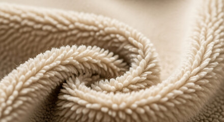 Close-up of soft, textured, beige fleece fabric with a swirling pattern, showcasing its plush and cozy nature.