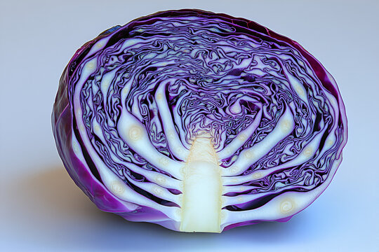 A halved red cabbage reveals its intricate, swirling purple and white interior. - Powered by Adobe