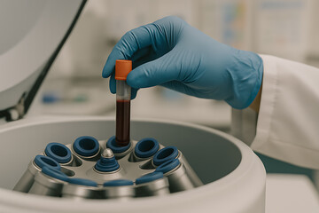  A gloved hand inserts a blood sample tube into a laboratory centrifuge.