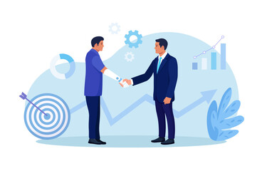 Disabled man with prosthesis shaking hands with colleague. Businessman handshake with employee with disability. Employment contract agreement. Business collaboration, partnership
