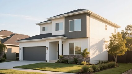 A modern - style single - family house with a simple appearance, soft color matching, and a neat courtyard, conveying a warm, livable, and fashionable residential atmosphere.