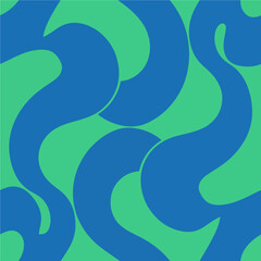 Abstract artwork featuring blue curvy shapes intertwining over a solid green backdrop creating a seamless modern design.