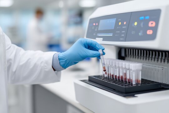 A lab technician places a rack of blood sample vials into a modern hematology analyzer machine in a clean laboratory. Medical testing