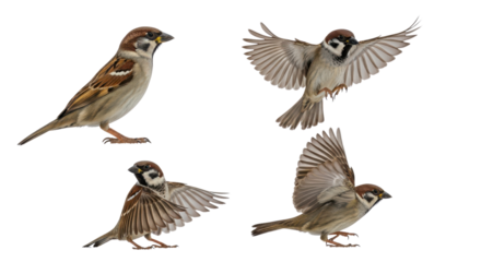 Four Eurasian tree sparrows in various positions isolated PNG with Transparent Background