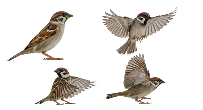 Four Eurasian tree sparrows in various positions isolated PNG with Transparent Background