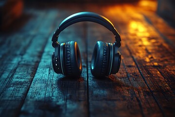 Black Headphones on Rustic Wood in Warm Moody Lighting

