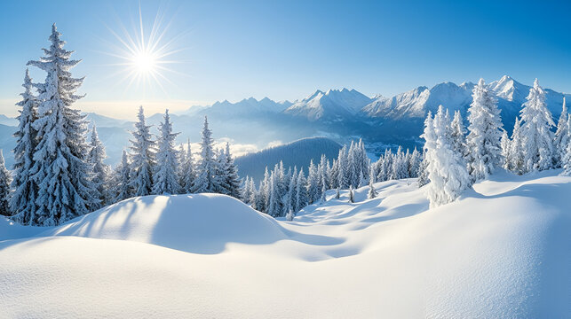 Sunlit winter wonderland showcasing snow-covered fir trees and majestic mountain range.