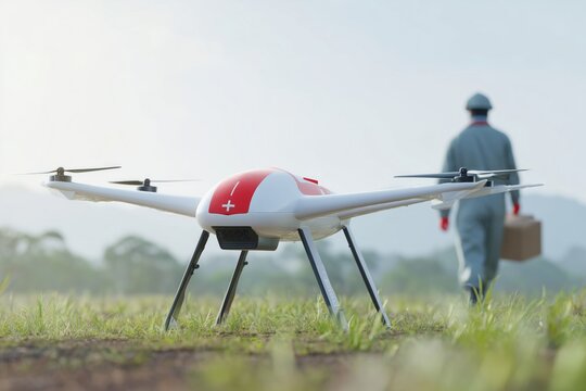 A medical drone delivers an emergency package to a healthcare worker in a remote rural village. Concept of future logistics and accessibility - Powered by Adobe