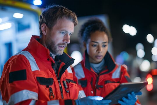 Paramedics use a digital tablet and defibrillator by an ambulance at night. Emergency medical services and first responders in action - Powered by Adobe