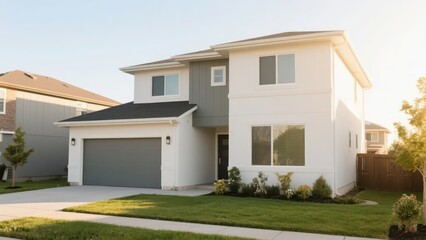 Fototapeta premium A modern - style single - family house with a simple appearance, soft color matching, and a neat courtyard, conveying a warm, livable, and fashionable residential atmosphere.