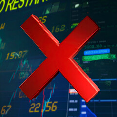 A red cross symbol overlaid on a digital stock market background.
