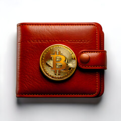A red leather wallet featuring a prominent Bitcoin symbol for cryptocurrency storage.