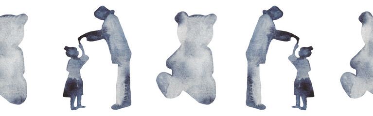 Watercolor border with silhouettes of a baby and family.Brush strokes in the form of blue silhouettes of bear.Silhouette of toy on white background