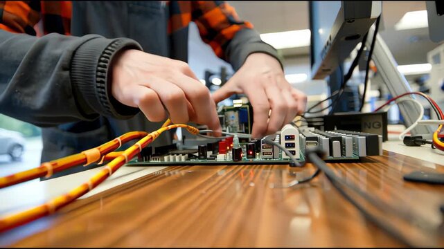 IT technician skillfully managing power and peripheral cable routing on a desktop computer, connecting devices and ensuring reliable power distribution and hardware integrity.
