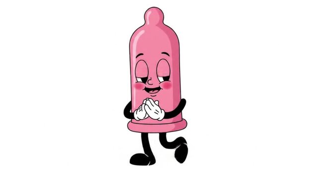 Cartoon character of a pink condom with arms, legs, and a smiling face. Suitable for safe sex awareness campaigns and sexual health resources.