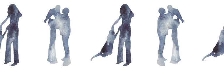 Watercolor border with silhouettes of a baby and family.Brush strokes in the form of blue silhouettes of bear.Silhouette of toy on white background