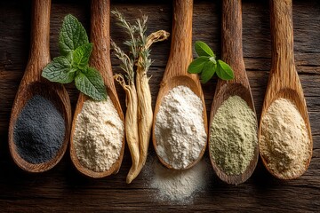 Wooden spoons with various powders and herbs